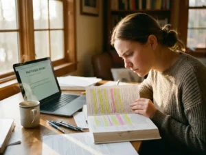 Student studeert geconcentreerd aan houten bureau met open boeken, laptop, koffie en potloden in warm daglicht