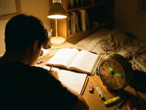 Student studeert 's avonds laat aan houten bureau met opengeslagen boek, vintage klok en warme bureaulamp