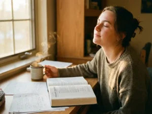 Student ontspant met gesloten ogen aan bureau met studieboeken, thee en zachte natuurlijke verlichting
