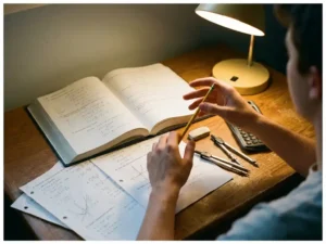 Student werkt aan wiskundige vergelijkingen in opengeslagen studieboek met potlood, rekenmachine en oefenbladen op bureau