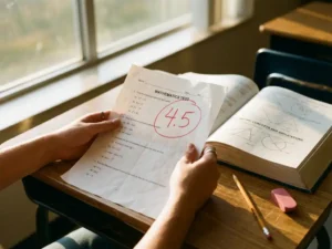 Student houdt wiskundetoets vast met cijfer 4,5 op houten schoolbank naast opengeslagen wiskundeboek en potlood