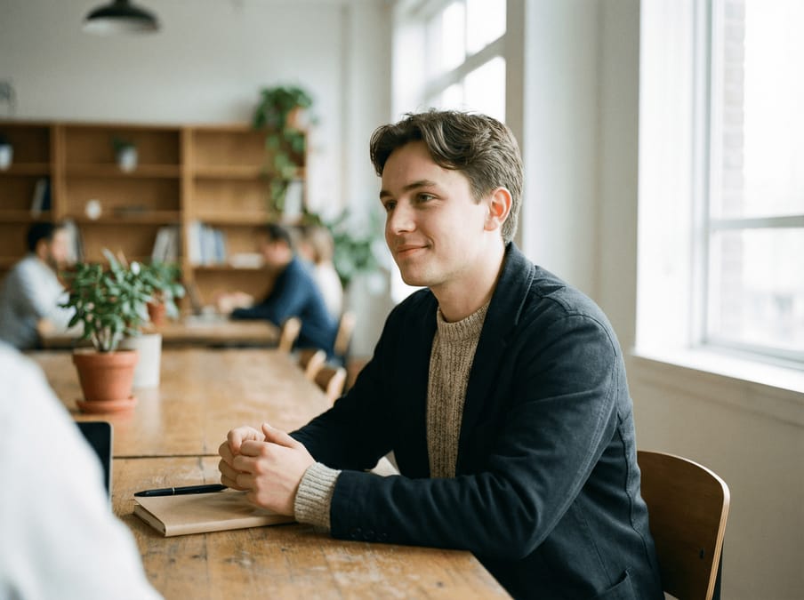 Leerling zit aan houten studeertafel met planten en boekenrek bij Brainboost bijles