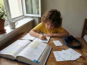 Kind studeert aan houten bureau bij open raam met tekstboek, aantekeningen, koptelefoon en flashcards in warm zomerlicht.
