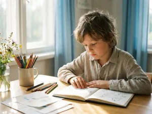 Kind studeert geconcentreerd aan houten bureau met open schriften en kleurpotloden in warm zomers daglicht.