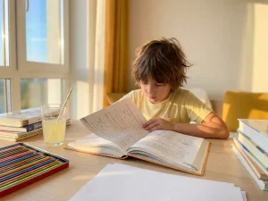 Kind studeert geconcentreerd aan houten bureau met open schoolboeken en notities, zomers zonlicht en limonade op de achtergrond.