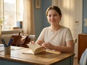 Student opent een nieuw notitieboek aan een houten bureau, warm middaglicht, rustige en zelfverzekerde houding.