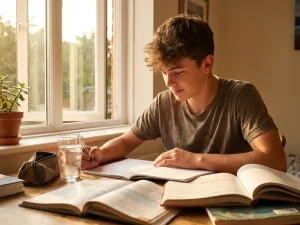 Tiener die studeert aan houten bureau bij open raam, zomerzon op opengeslagen schoolboeken en notitieboek, glas water erbij.